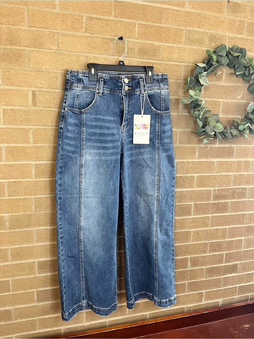 Risen High-Rise Wide Leg Jeans in Medium Blue - Picture 2 of 4